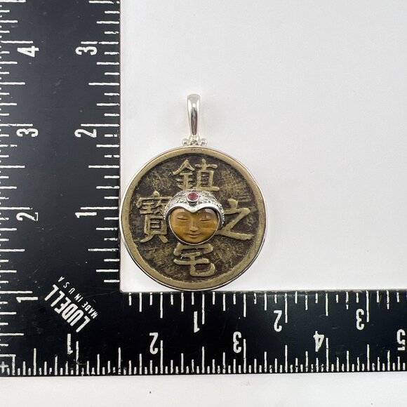 Sajen Sterling Silver Pendant Bronze Coin Face Tigers Eye Carved Script VTG Sign - Picture 10 of 10